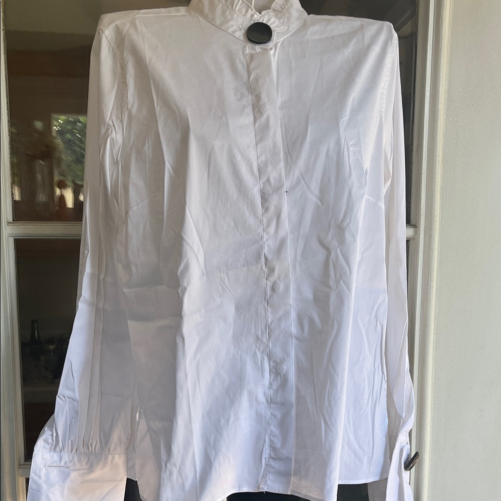 Zara White Blouse with Black Button Detail Ruffled neckline detail